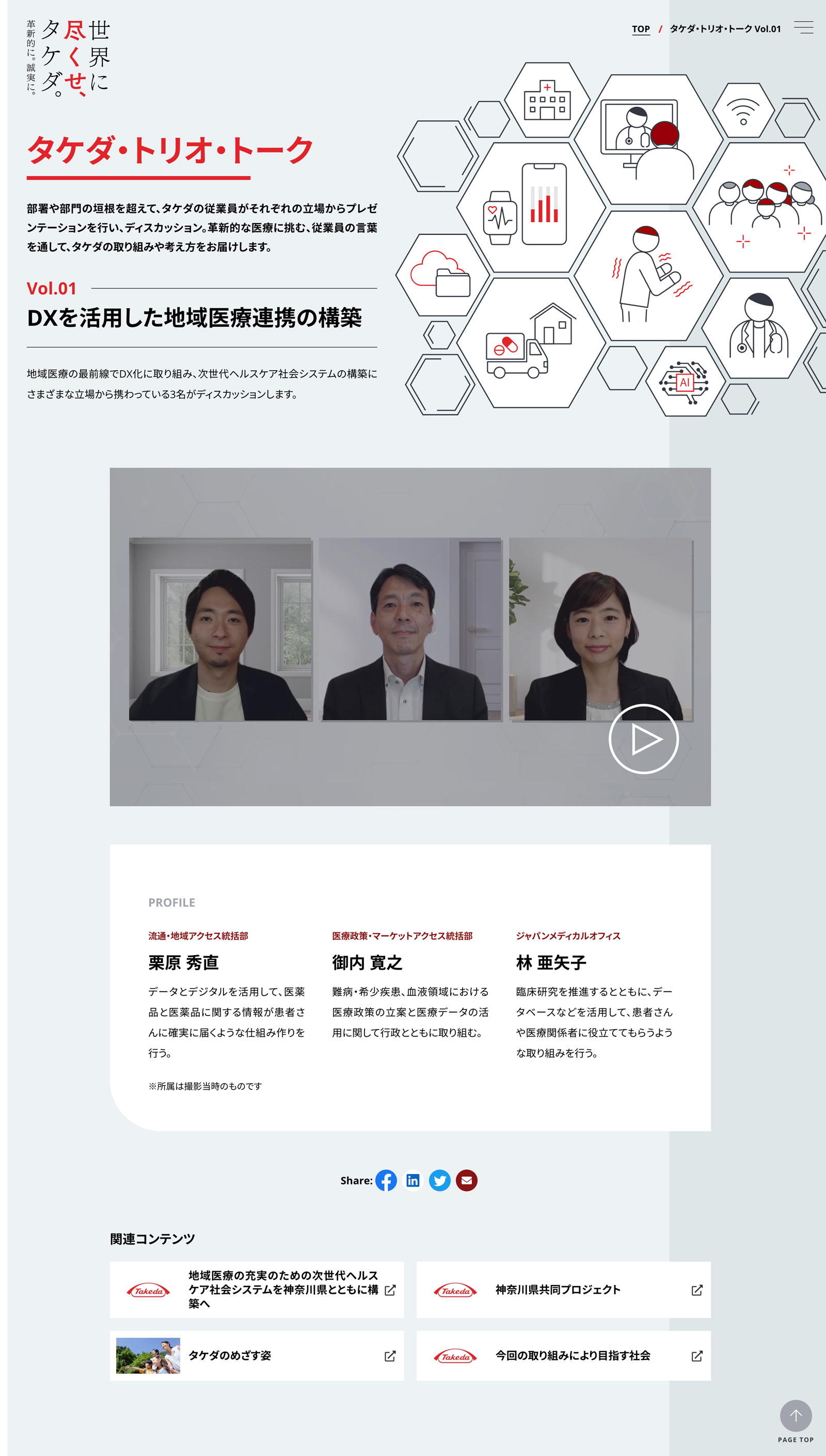 人類共通問題に、革新的に誠実に取り組むタケダの企業姿勢を表現