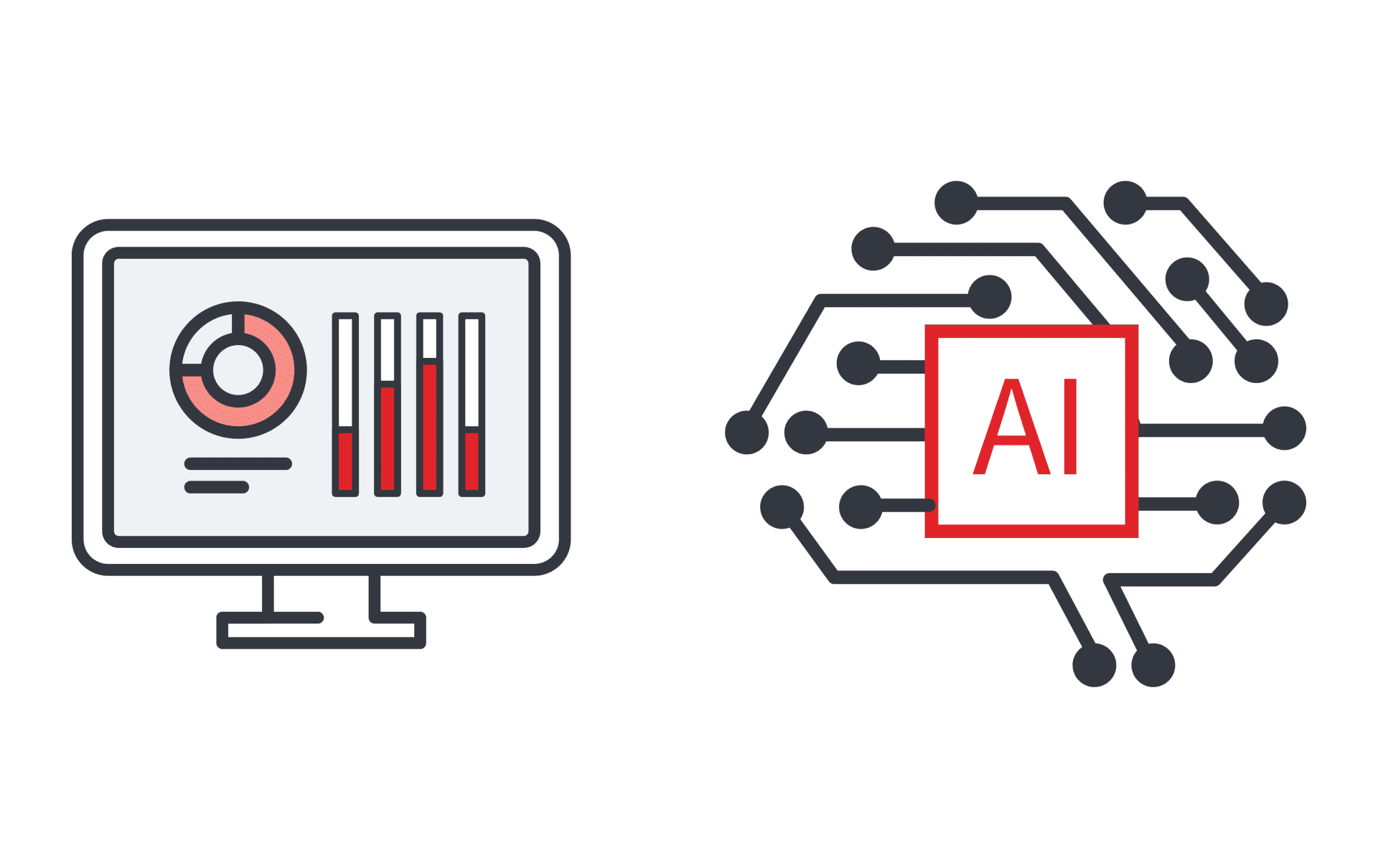 モニターに表示されたグラフと、回路図に「AI」と書かれたチップを組み合わせたイラスト。