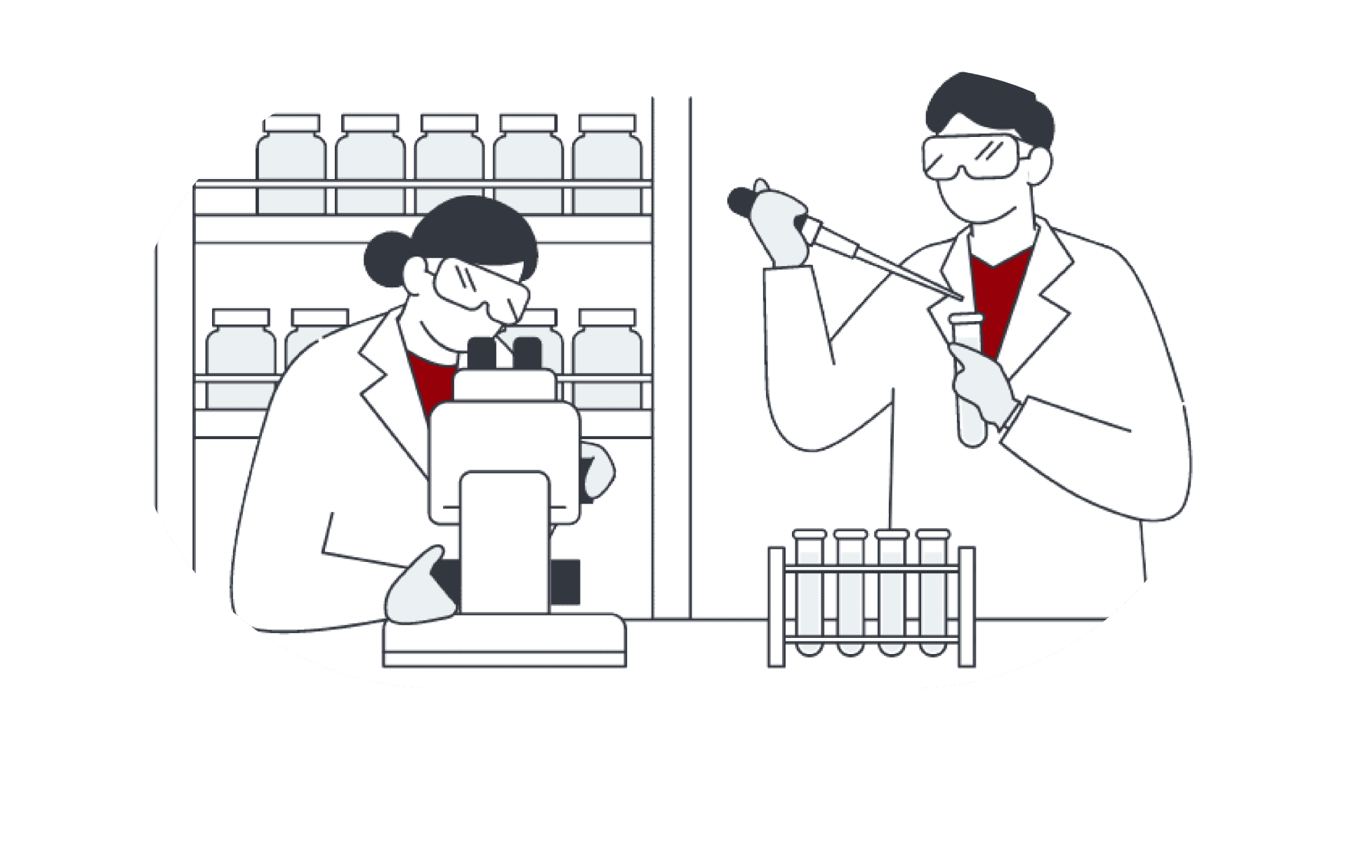 実験室で作業する2人の研究者のイラスト。1人は顕微鏡で観察、もう1人はピペットで試験管に薬液を注いでいる。