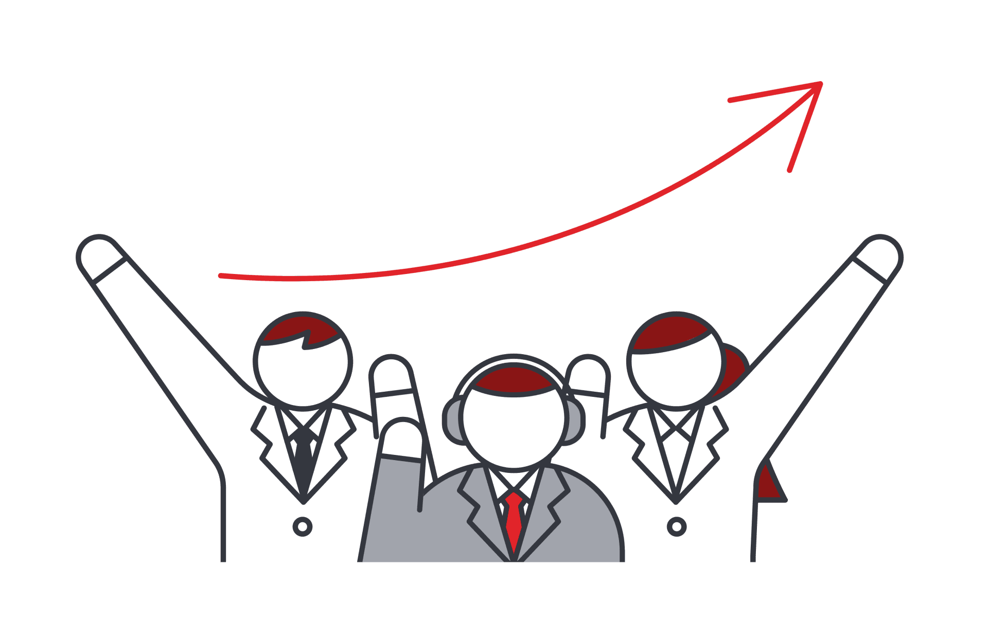 3人のビジネスパーソンが手を挙げ、背後に右肩上がりの赤い矢印が描かれているイラスト。