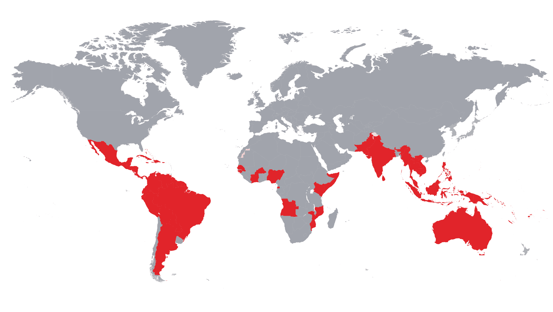 World map with endemic countries highlighted in red