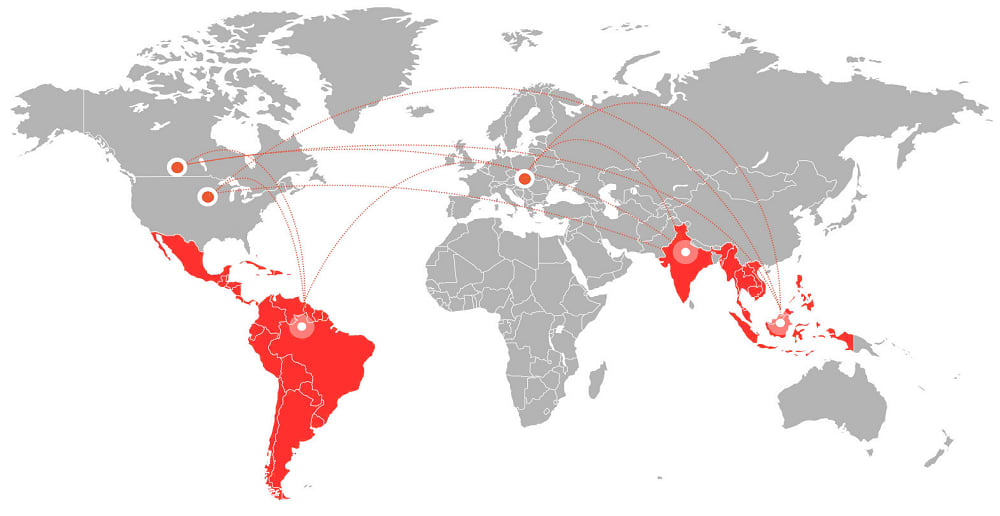 world map with endemic countries highlighted in red and connecting lines to non-endemic countries