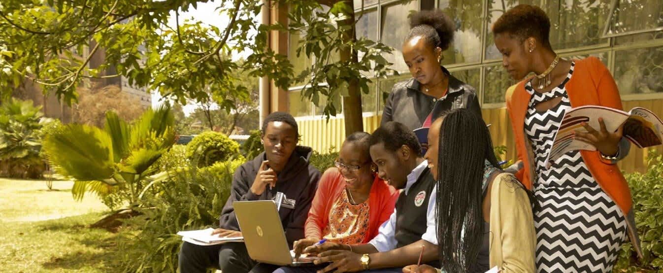 A group of people sitting outside in a garden, working together on a project.