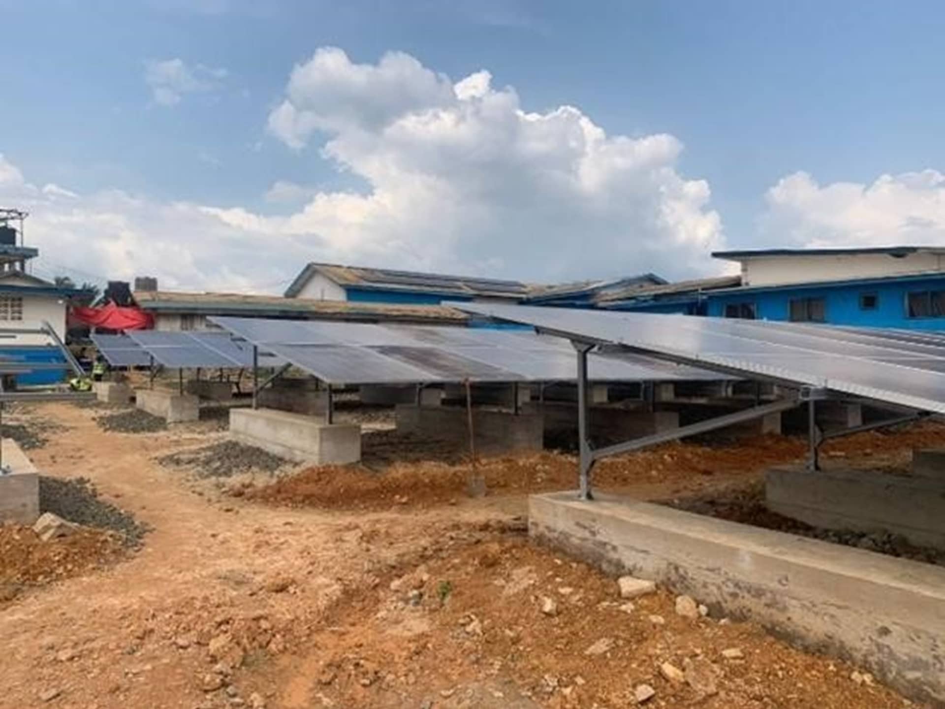 Solar power systems installed at a hospital site in West Africa, providing reliable and sustainable energy for healthcare facilities.