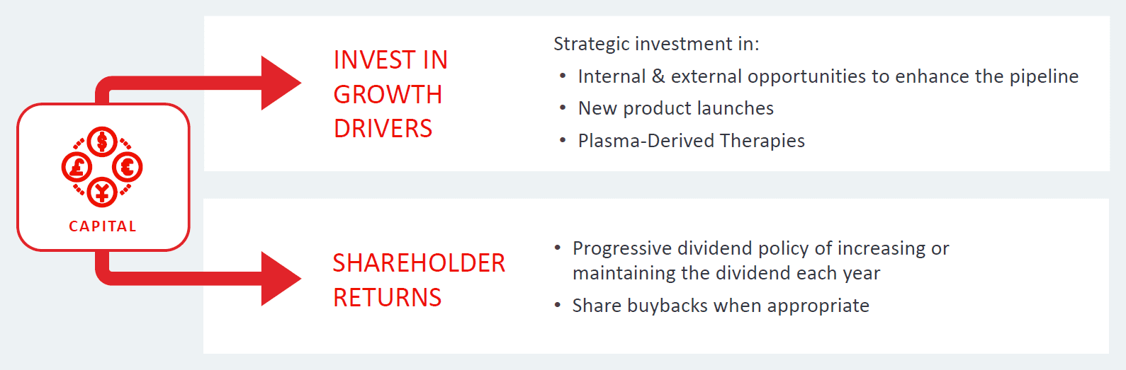 A diagram showing our capital allocation policy. Guided by our vision to discover and deliver life-transforming treatments, and with a focus on maintaining solid investment grade credit ratings, we will allocate capital to deliver sustainable value to patients and attractive returns to our shareholders. Takeda's policy in the allocation of capital is as follows. Invest in growth drivers, which includes strategic investment in internal and external opportunities to enhance the pipeline, new product launches and Plasma-Derived Therapies. And shareholder returns, which includes our progressive dividend policy of increasing or maintaining the dividend each year and share buybacks when appropriate.