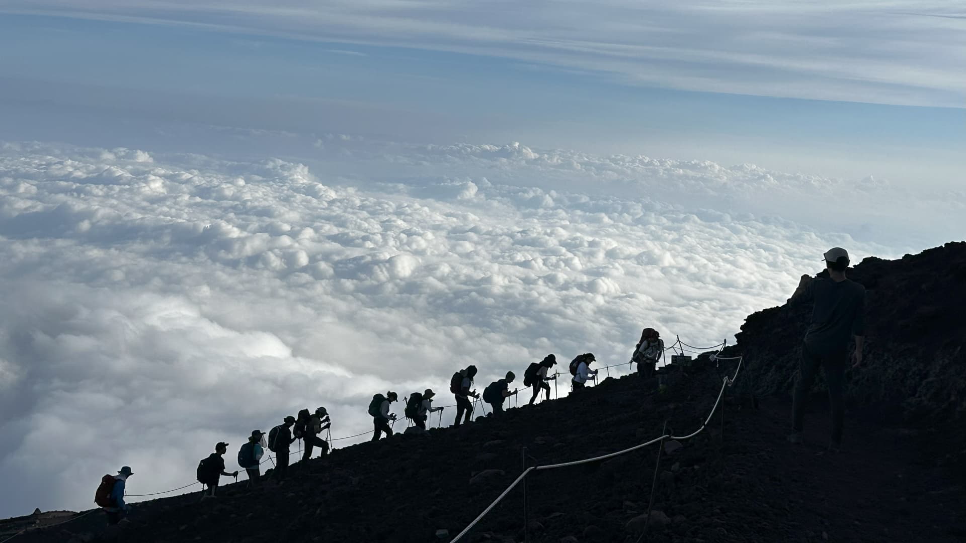 Group of people hiking on Mt. Fuji
