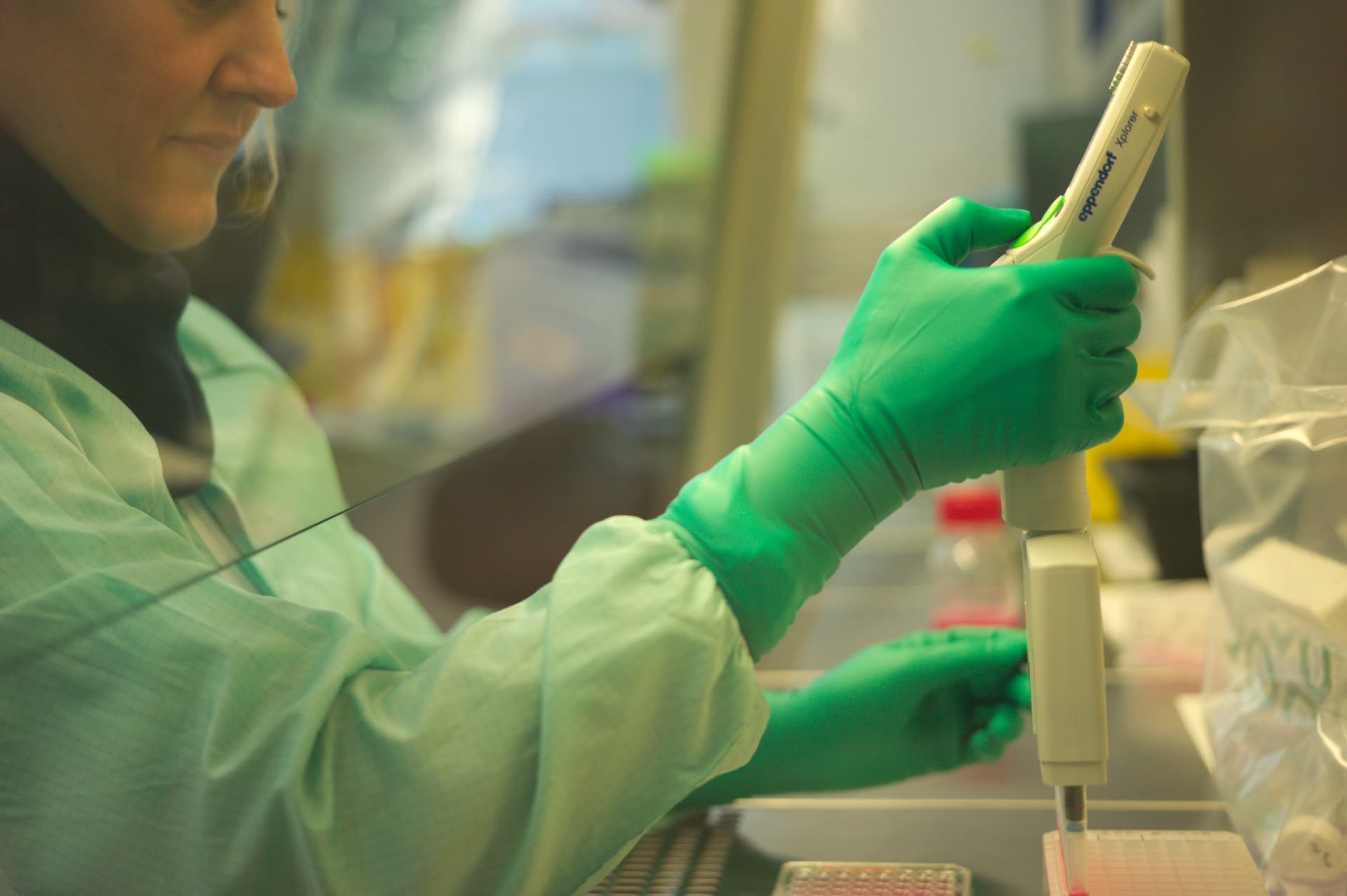 Lab worker using a pipette to transfer liquid into a multiwell plate