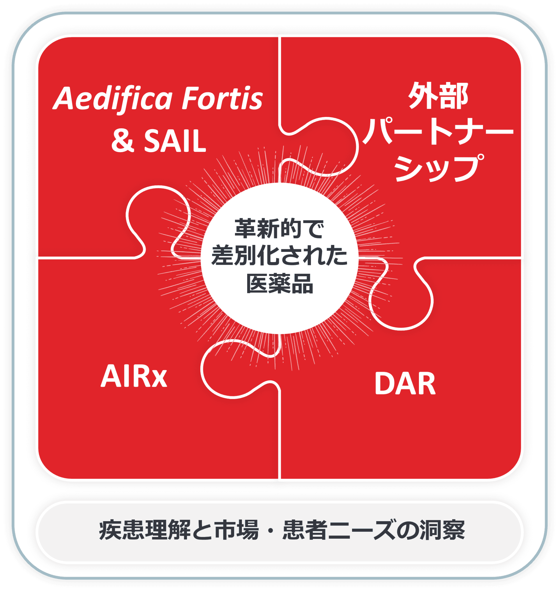 Labs of Tomorrowの概念図。Aedifica Fortis & SAIL、AIRx、DAR、外部パートナーシップと、疾患理解や患者・市場ニーズの洞察を基盤に、革新的で差別化された医薬品の創出を目指すことを示す。