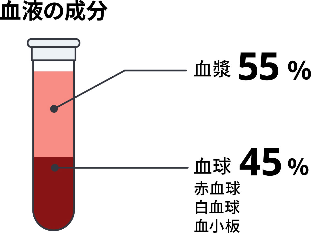 血液の成分。血漿55%、血球(赤血球、白血球、血小板)45%