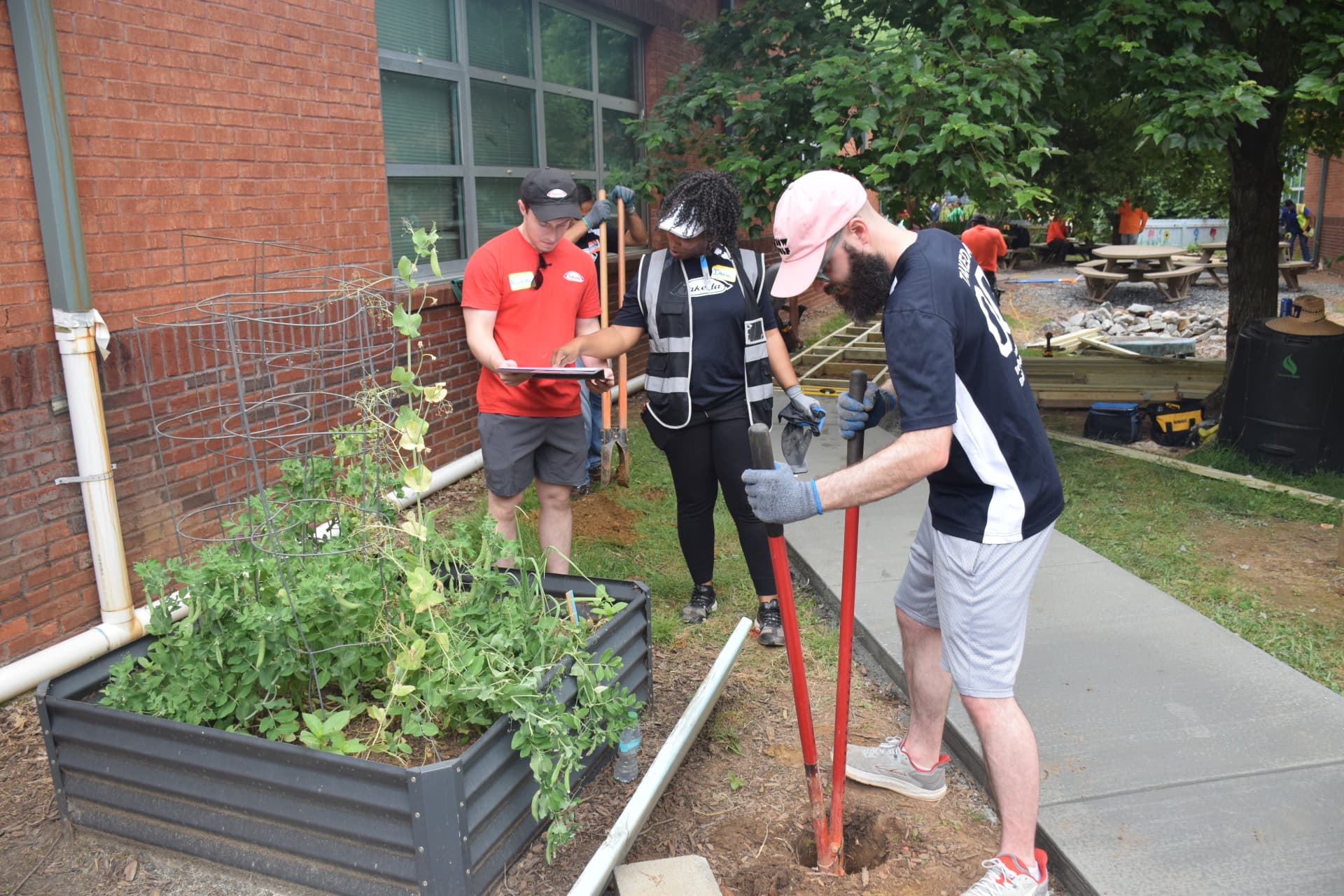 three people engaged in outdoor gardening activities