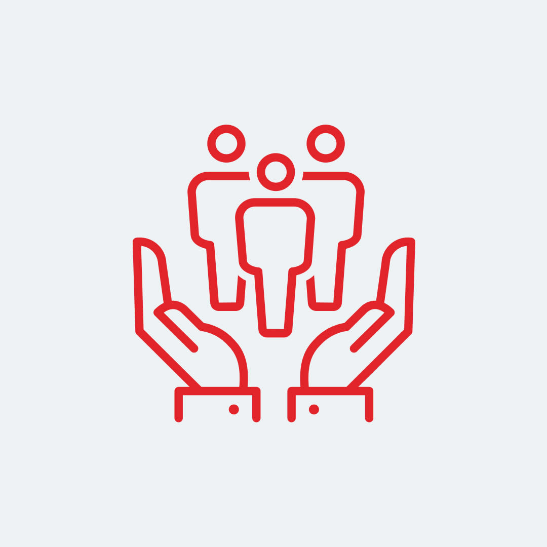 Red line art icon depicting two open hands supporting three human figures