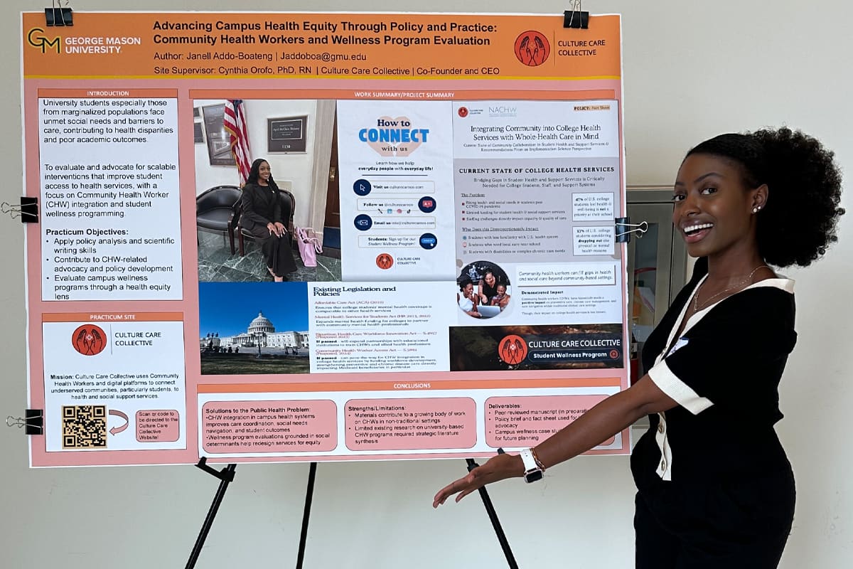 woman presenting a research poster titled "Advancing Campus Health Equity Through Policy and Practice: Community Health Workers and Wellness Program Evaluation"