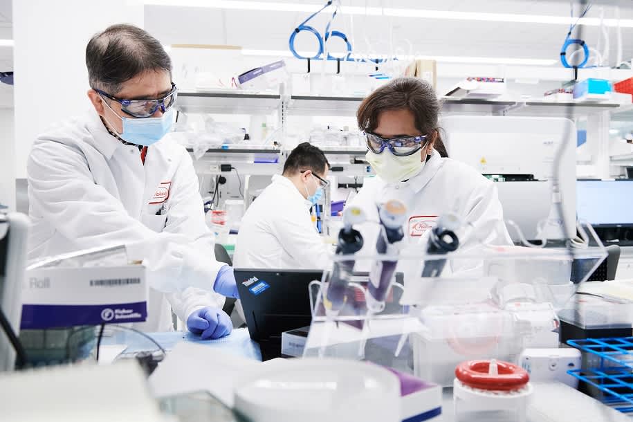 Scientists in laboratory looking at laptop