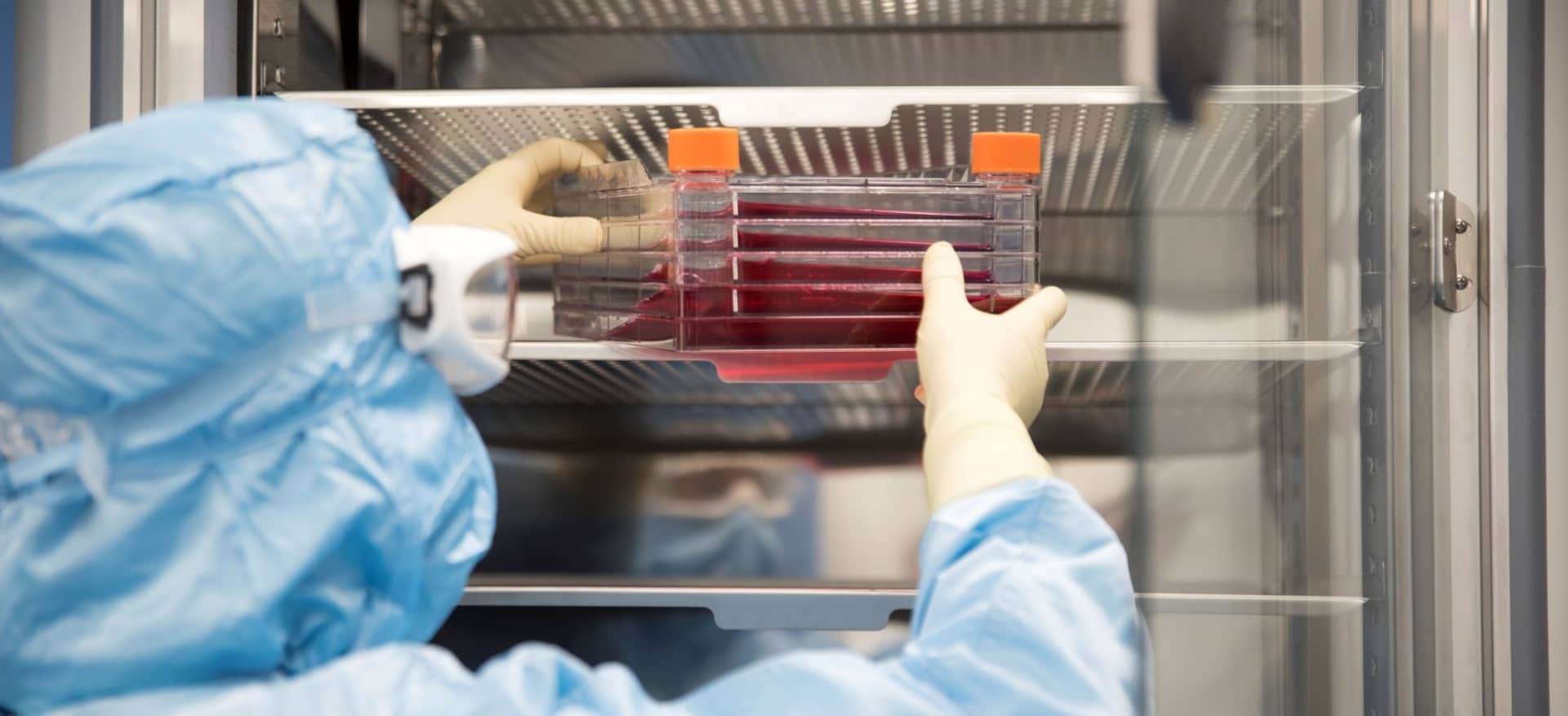 Person placing blood samples on shelf