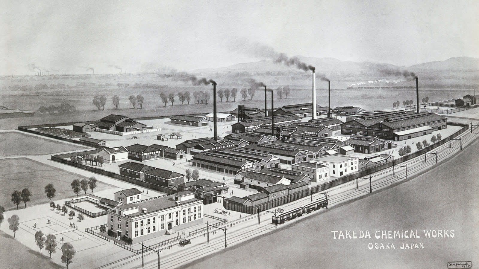 drawing of Takeda chemical works factory in Osaka