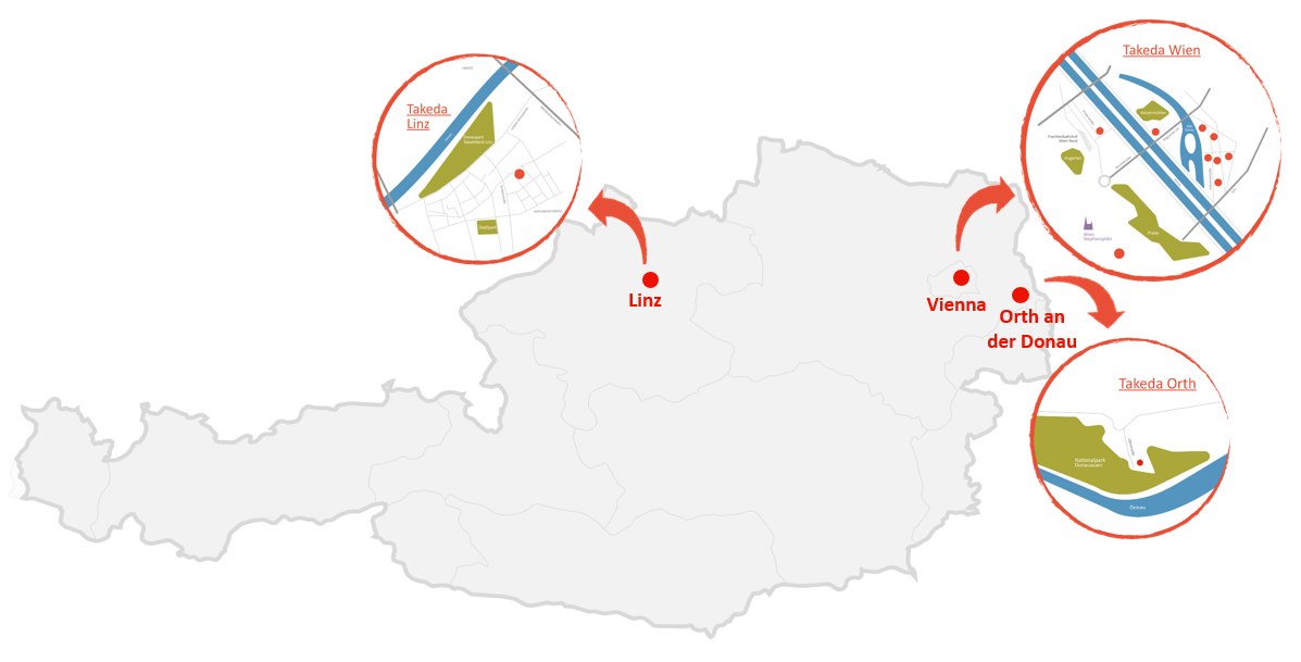Karte von Österreich mit den drei Standorten Linz, Wien und Orth
