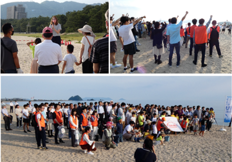 Group of people completing activities at the beach on World Environment Day